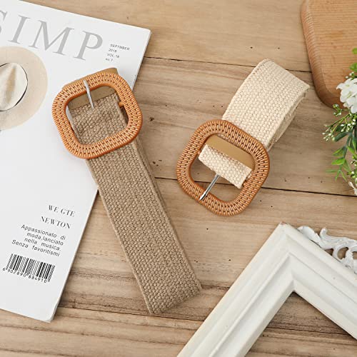 2pc gevlochten broek riemen voor vrouwen jurken, stro elastisch stretch broek riemen zomer strand jurk riemen vrouwen gevlochten houten gevlochten gesp brede broek banden voor vrouwen jurken 3