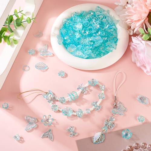 100g diverse acryl kralen bloem kraal caps boeg vlinder zeemeermin staart blad esthetische ambachtelijke kralen bulk voor vriendschap armband sieraden maken, bleke turquoise