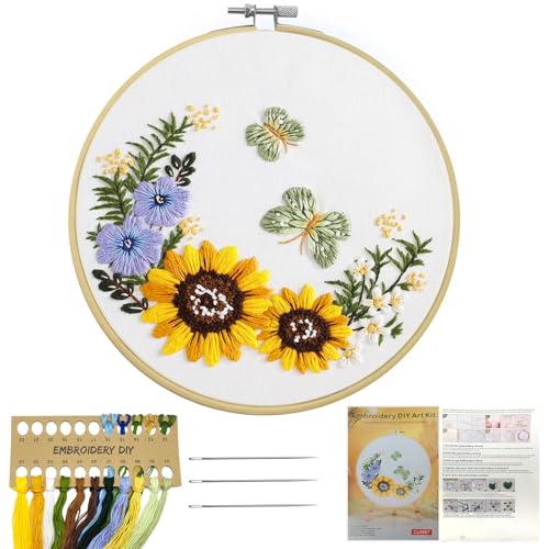 Borduurwerk Kits voor volwassenen, Beginners, Zonnebloem vlinder patroon borduren Starter Kit Eenvoudige Cross Stitch Kits met borduurwerk Kleding en Hoop, Naalden, Gekleurde Threads en instructie