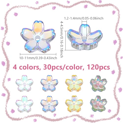 120 st 4 Kleuren Glazen Bloem kralen, 5 Vellen Cherry Blossoms Kristallen kralen, Gegalvaniseerde Mini Bloem Hangers met Gat voor ambachten, Armbanden, Kettingen, Oorbellen, Sieraden