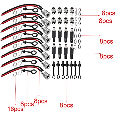 DC Hollow Plug 5.5mm x 2.1mm Mount Adapter set, 8 x DCPower Jack Socket Low Spanning Connector (met kabel) 8 x Hollow Plug 5.5 x 2.1, 8 x DC Montage Connector, 16x Rubber