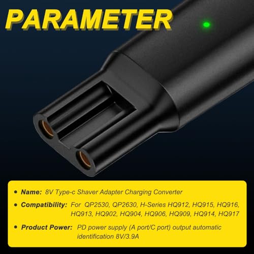 8V Type-C Shaver Charger Adapter Converter voor Philips 7000 5000 3000 Series OneBlade QP2530 Q2630 HQ850, USB-C Shaver Charger Converter met LED Light (2 Pack, Black) 5