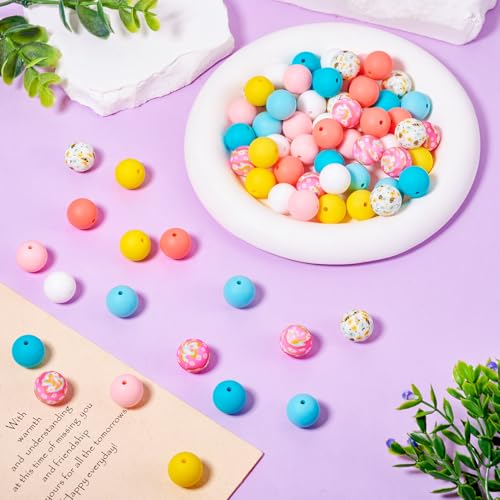 80 stuks Ronde Siliconen kralen Rubber Focal Kleurrijke Kralen Bloem Gedrukte Gumball Losse Spacer 15mm kralen voor sieraden ketting kralen Pen sleutelhanger oorbellen Lanyard armband ambachtelijk 4