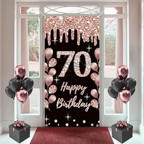 70e verjaardag decoratie voor vrouwen gelukkig 70e verjaardag poster deur banner zwart en roos stof teken muur / deur banner 70e verjaardag achtergrond banner vrouw verjaardag feest welkom teken