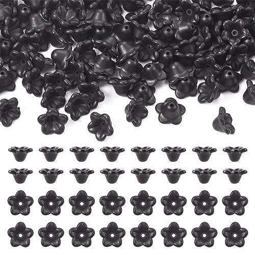100 st. Zwarte bloem kralen caps 5-Petals Zwarte bloemen End Caps Opaque Hars Bloem kralen Cap voor DIY armband oorbellen ketting sieraden maken, Gat: 1.5mm
