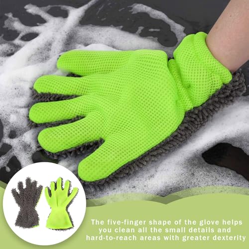 Verpakking van 2 autowashandjes met elastische riem Microvezelhandschoenen voor auto, dubbelzijdig autowashanddoek, 5 vingers voor auto wassen, motorfiets, ontstoffing 30 x 21 cm 4