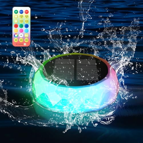 Zonnezwevende pool verlichting, IP68 waterdichte pool Chloor Float, 8 RGB kleur zwembad licht met afstandsbediening, Gemakkelijk open pool tablet houder, Chloor Tablet