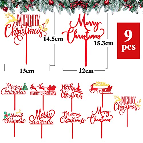 9 stuks Kersttaart decoratie set acryl rood Vrolijk kersttaart toppers met verschillende patronen cake tops Kersttaart topper taart stok Kersttaart decoratie voor Kerstmis feest etc 3
