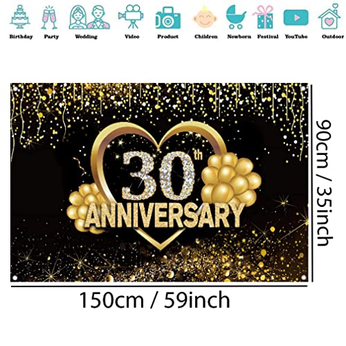 Happy 30th Anniversary Decoration Banner, 30th Bruiloft Anniversary Party Supplies Fabric Sign Poster, Black and Gold Achtergrond Decor Photo Achtergrond Welkom Sign, 150cmx90cm