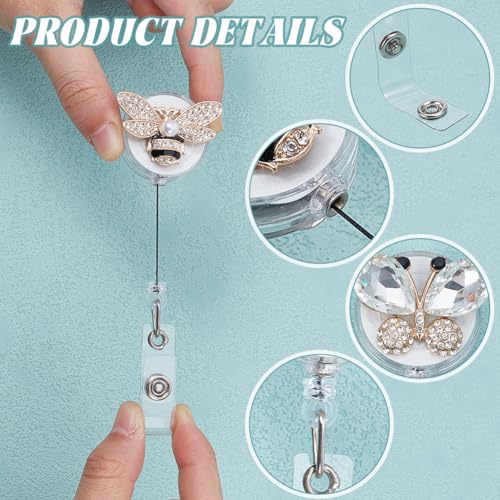6 Stks 6 Stijlen Vlinder Intrekbare Badge Reels, Legering Strass Swivel Clip Badge Reel Vlinder ID Kaarthouders voor Leer Verpleegkundig Arts Werknemer Kantoor 3