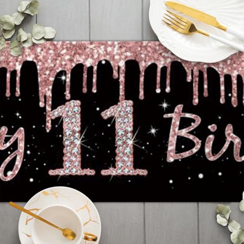 Gelukkige 11e Verjaardag tafelloper 11e verjaardag meisje inrichting keuken ettafel inrichting tafelband verjaardagsfeest tafelgeld inrichting voor thuis, zwart roségoud 3