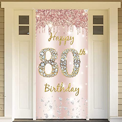 80th Birthday Decoration - Gelukkige Verjaardag Deur Banner Rose Gold, Stof Tekenposter, Achtergrond Banner voor Vrouwen, Verjaardagsfeest Welkom Sign