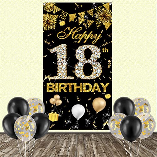 Gelukkig 18e verjaardag decoratie voor meisje, schattig 18e verjaardag banner zwart en goud, stof teken 18e verjaardag poster, 18e verjaardag deur banner voor meisjes verjaardag feest welkom