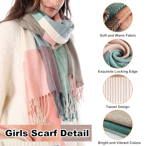 Meisjes Tartan Sjaal, Soft Cashmere Plaid Sjaal Wraps Sjaal Winter Long Sjaal voor meisjes Kids Neck Warmer, Roze Groen, 190×31cm/74.8×31cm, Roze Groen 3