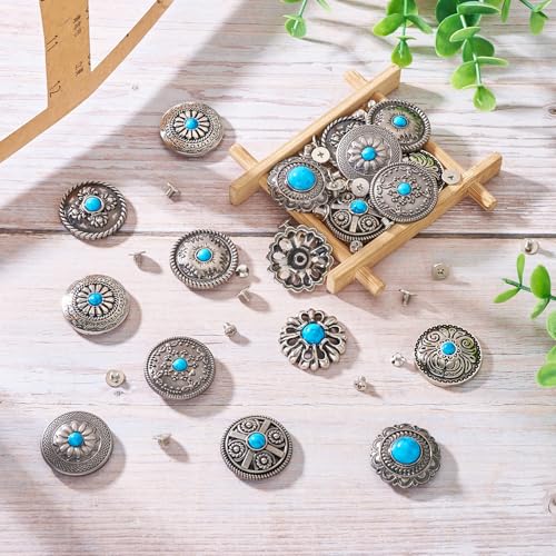 18 st Schroeven terug Knoppen Grave Bloem patroon Legering Decoratieve knop Deep Sky Blue Imitatie Turquoise Retro Schroef Rives voor tas lederen ambachten 3
