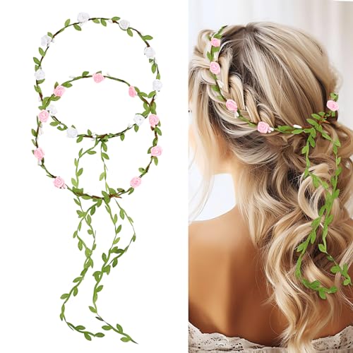 Vrouwen Garland hoofdband 2 stuks Bloem kroon hoofdband Boho Bloem hoofdband Handgemaakte rozenblaadjes Haarbanden Bruiloft Verjaardag Headdress (Witte + Roze)