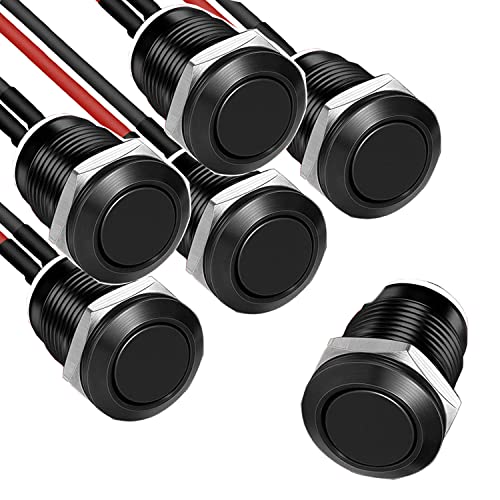 5 st 12mm Knop Waterdichte metalen drukknopschakelaar Roestvrij staal 12V Onmiddellijke duwschakelaar voor Horns Bell Auto Rond Mini Drukknop (Flat Head) Zwart