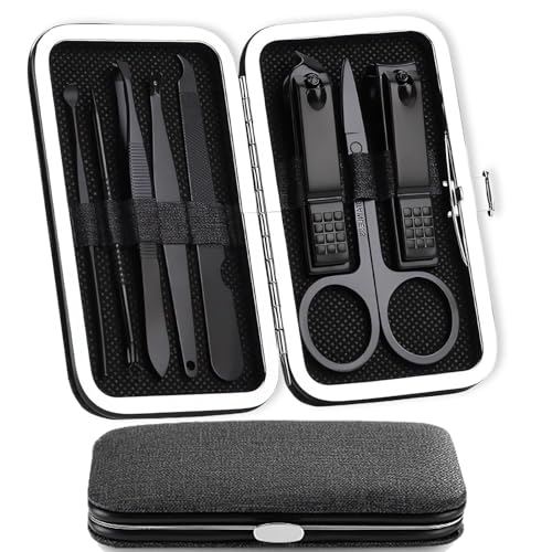 Manicure Set van 8 Nagelverzorging Set roestvrij staal Manicure Nagel set met lederen tas Nagel schaar Set voor Manicure wenkbrauw correctie oor Wax Removal Unisex Zwart