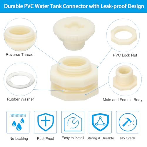 ABS Bulkhead Fitting G 1/2, 2 stuks Dubbele Threaded Bulkhead Water Tank Connector met PVC Seal Pakking voor regenemmer, wasbakken, aquaria, wit 3