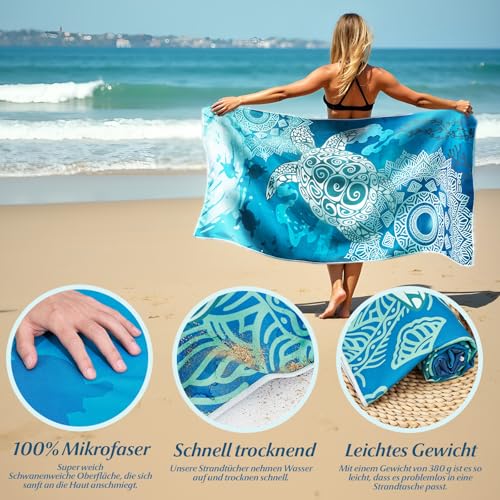 Strandhanddoek, Microvezel handdoek, Badhanddoek, 180 x 90 cm, Quick-Drying, Groot, Licht en dun, Draagbaar, Zandvrij (Turtles) 5