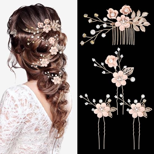 Bruids Kammen Bruiloft Roze bloemen Rhinestone Haar Clip Crystal Haar accessoires Parels Headdress Updo voor vrouwen meisjes feestbal bruidsmeisjes