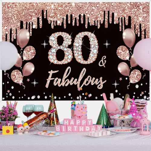 80e verjaardag decoratie voor vrouwen, 80e verjaardag decoratie zwart en rose goud glitter vlekken stof teken poster 80e verjaardag achtergrond banner vrouw 80e verjaardag feest decoratie