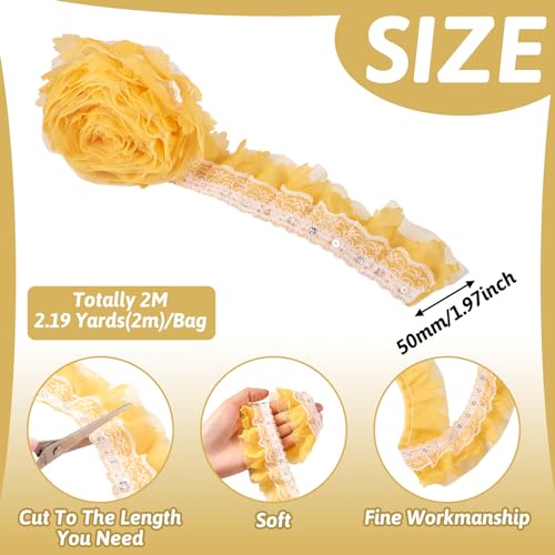 2-laags Lace Trim Polyester Chinlon Pleated Lace Ribbon 2M Gouden Ruffles Lace Broderie Anglaise Trim voor jurk Bruids Ribbon Sew On Applique Cloth, Gold 4