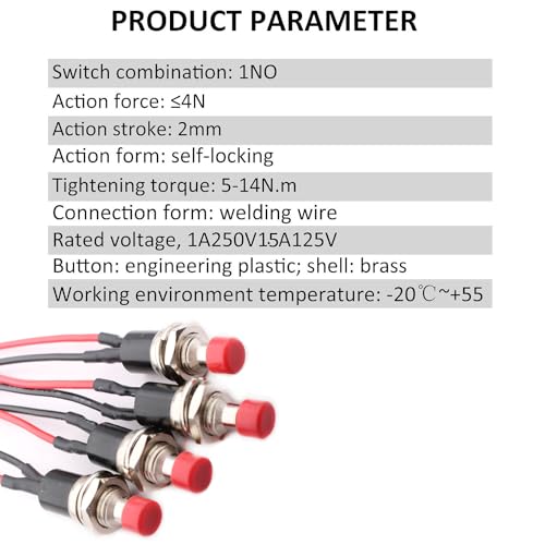 4 st. 7mm Pre-Wired Mini Zelfrem duwschakelaar, AAN/UIT 2 Pin Rond duwknop voor auto, boot, Arduino, DIY, AC 250V/1.5A, 125V/3A, Mini duwknop (rood) 4