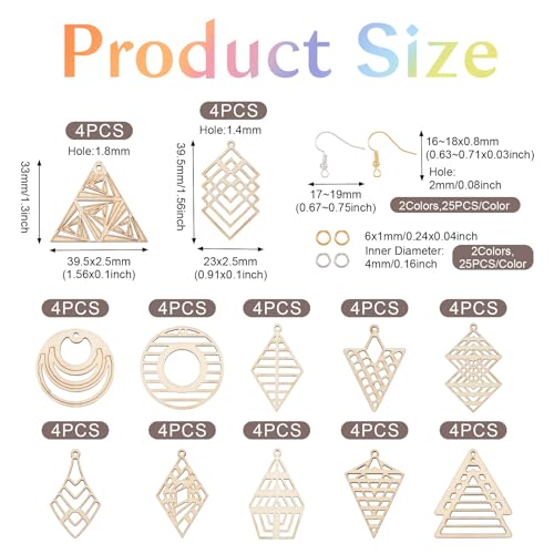48st Natuurlijke Houten Filigree Dangle oorbel Hout Blanco Geometrie Driehoek Rhombus Platte ronde houten hangers voor Boho oorbel sieraden maken 3