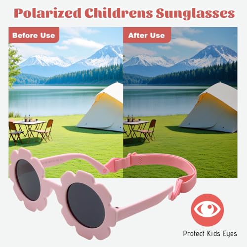 0-2 jaar Kids Cute Flower Baby Zonnebril met verstelbare band Flexibele Polarized Girls Zonnebril Nieuwgeboren zonnebril met zonnebril Compartiment en Kleding Roze, roze 5