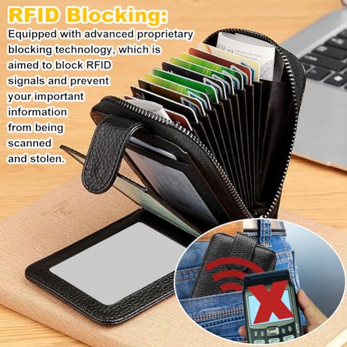 Credit Card Holder, Grote Capaciteit, Faux Leder, Credit Card Holder voor Vrouwen en Mannen, Kleine Zip, Kaart Portemonnee met 9 Kaart Slots, 4 ID Window, 2 Cash Slots, Zwart, Een, Zwart, Modern 4