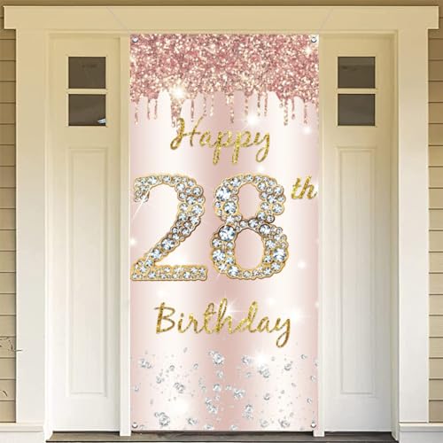 28e verjaardag vrouwen decor, Gelukkig 28e verjaardag deur banner roos goud,28e verjaardag stof teken poster deur decoratie,28e verjaardag achtergrond banner vrouw, verjaardag feest welkom teken 3