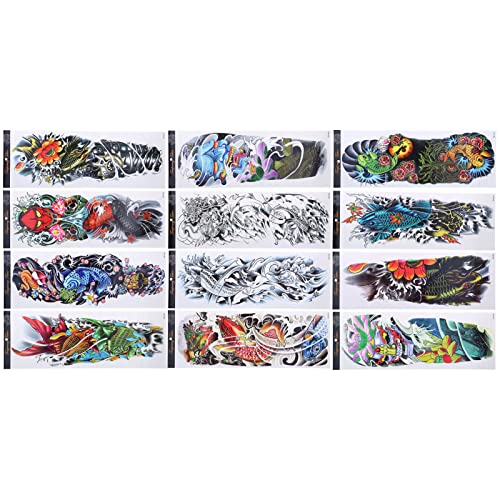 Tijdelijke Tattoos 12 Vellen Kleurrijke Full Arm Fake Tattoos Waterdichte Tijdelijke Tattoo Sticker voor Heren Vrouwen (170 X 480mm)