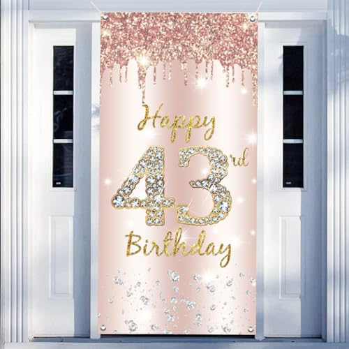 43e verjaardag decoratie vrouwen, Gelukkige 43e verjaardag deur banner roos goud,43e verjaardag stof teken poster deur decoratie,43e verjaardag achtergrond banner dames, verjaardag feest welkom teken 3