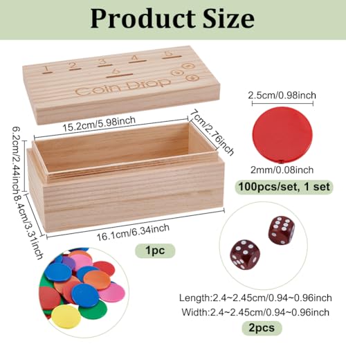 Wood Munch Game Inclusief 2 dobbelstenen, 100 acryl spelen stenen, 6 Slots, dennen houder, Skill-based Penny Toss Game voor familie vieringen, Drinken Games of Hand Eye Training