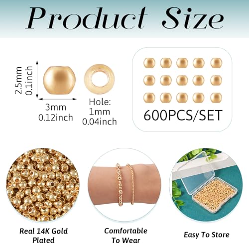 600 st. 14K Gold Plated kralen kleine ronde bal spacer kralen 3x2,5mm naadloze gladde kralen Bulk voor DIY ketting armband oorbellen ambachten vrouwen sleutelhanger accessoire 5