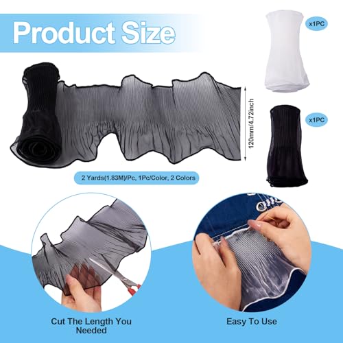 2 stuks zeemeermin Polyester Lints Kant Edges 120mm Organza Trimmen iriserende sprankelende visstaart garen voor boeket onkruid decor Cadeauverpakking Decoratieve kleding, zwart / wit 4