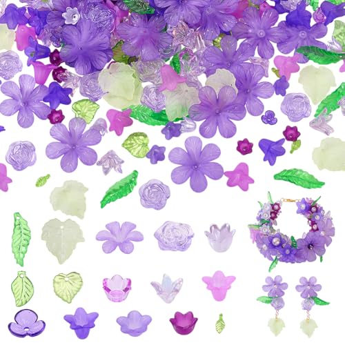 450Stuks 15 Styles Acryl Assorted Kralen Kit, Transparante bloemenbladkralen Maple Leaf Lily Rose DIY Craft Supplies voor Keychain armband ketting sieraden