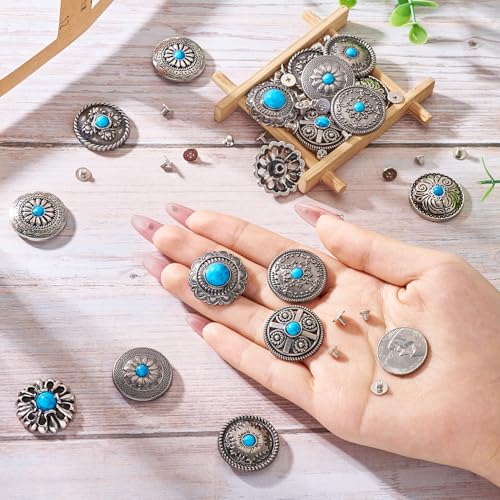 18 st Schroeven terug Knoppen Grave Bloem patroon Legering Decoratieve knop Deep Sky Blue Imitatie Turquoise Retro Schroef Rives voor tas lederen ambachten 4