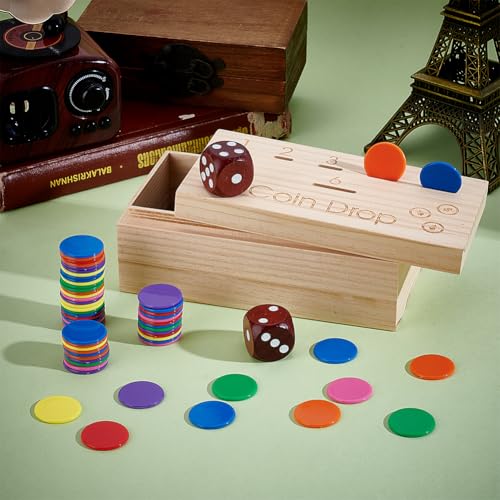 Wood Munch Game Inclusief 2 dobbelstenen, 100 acryl spelen stenen, 6 Slots, dennen houder, Skill-based Penny Toss Game voor familie vieringen, Drinken Games of Hand Eye Training 4