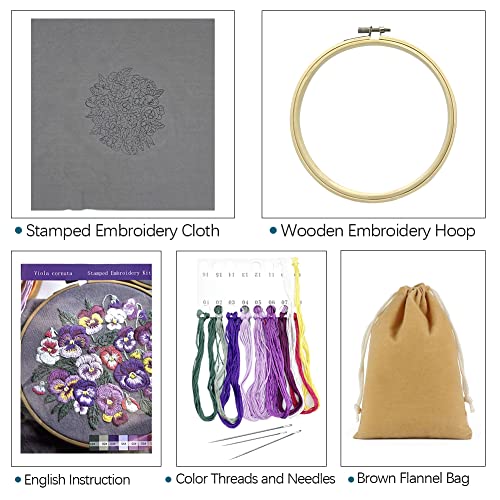 Borduursets voor volwassenen Beginners met Patroon, Linnen Viola Bloem borduren Kit Hand borduren Kits Naaien Craft Kit Inclusief Bloemen borduren Kleding Borduur Hoepel Naald 3