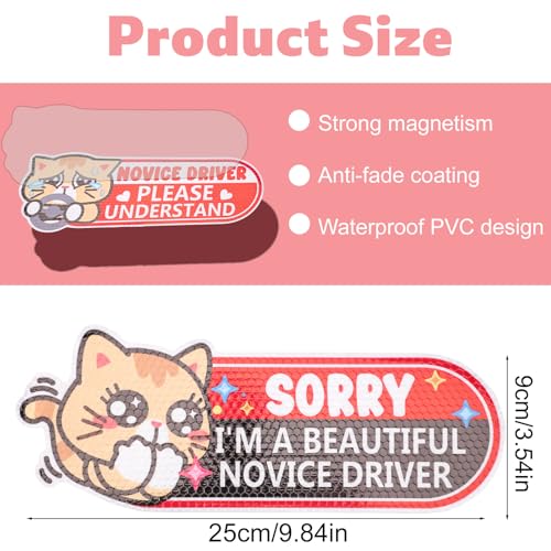 3st Student Driver Magneet voor Auto, 25x9cm Grappig Roze Reflectieve Magnetische Bumper Stickers voor Beginners Leuke Kat Veiligheid Teken Newbies Weerbestendig & afneembare