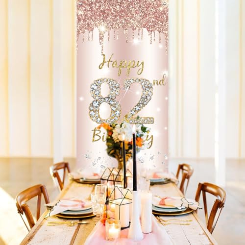 82e verjaardag Decoratie Vrouwen, Gelukkig 82e verjaardag Deur Banner Rose Gold,82e Verjaardag Stof Tekenposter Deur Decoratie,82e verjaardag Achtergrond Banner Dames,Voerdag Partij Welkom Teken 5