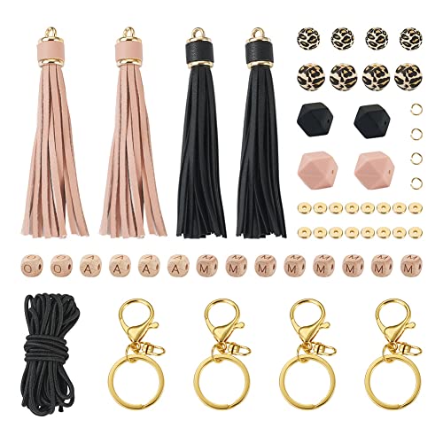 54 Stuks Leopard patroon Siliconen ronde veelhoekige kralen Mam Mam Mam brieven houten kubus kralen met lederen Tassel sleutelhangers clasps voor DIY moeder's dag