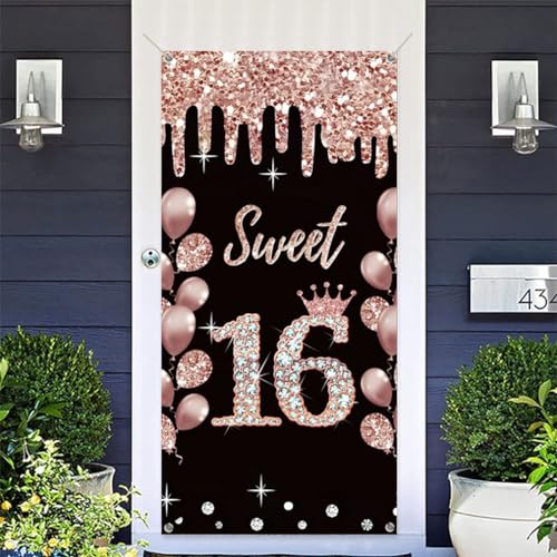 16e verjaardag decoraties voor meisje, gelukkig 16 jaar oude stof sign poster roze gouden achtergrond deur Banner, 16e verjaardag partij levert foto achtergrond welkom sign, 180cmx90cm 5