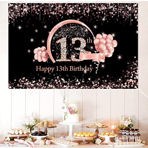 13th Birthday Girl Decoration, 13th Birthday Banner Black and Rose Gold, Stof Teken 13th Birthday Poster 13th Birthday Achtergrond Banner Verjaardag Decoratie 5