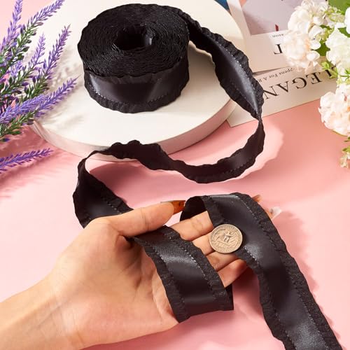 1 Rolls Black Polyester Ruffle Ribbon 1-5/8" x 10 Yd Ruffle Edge Ribbon Thin Ribbon for Wrapping Crafts Present Holiday Party Clothing Making DIY Supplies Decoraties 4