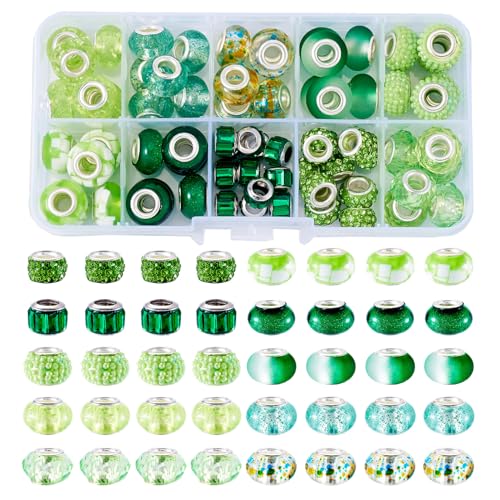 70 st. Hars Europees Kralen Rondelle Grote Hole Spacer Kralen met messing Cores Groene sieraden kralen Bulk voor DIY armband ketting oorbellen sieraden maken