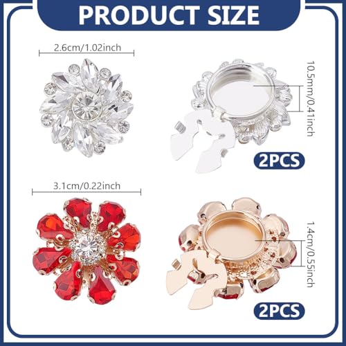 4Pcs 2 Styles Rhinestone Button Lid, Crystal Button Covers voor Mouwen, Bloemenknoppen, Afneembare Shirt Knoppen, voor Dress Costume Shirt, Rood