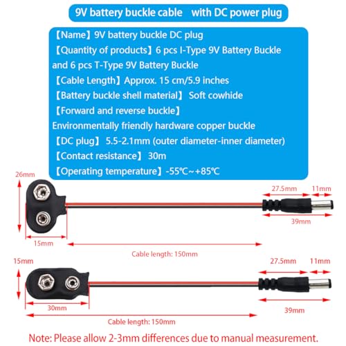 Batterij Clip Connector, DC Batterijhouder, Clip Snap Pack met 15 cm aansluitkabel voor het aansluiten van kabel, LED Strips (6 stuks I-Type, 6 stuks T-Type)